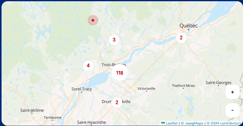 Carte des propriétés vendues autour de Trois-Rivières, en Mauricie